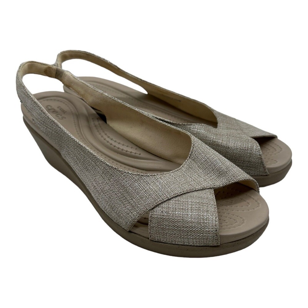 Women's Crocs Leigh Ann Shimmer Oyster Shimmer Canvas Wedge Sandals Shoes Sz 10